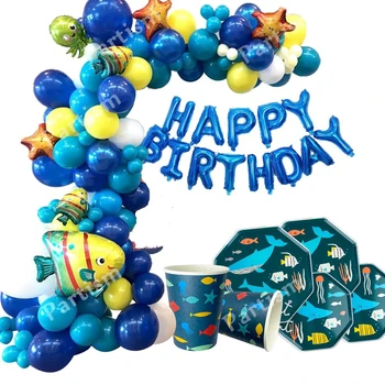 1 TAKIM Köpekbalığı / Yunus / Balık Karikatür Balonlar Deniz Altında Hayvan Kek Toppers Mutlu Doğum Günü Çocuklar Kağıt Afiş Dekor Parti Malzemeleri