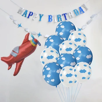 1 Takım Mavi Beyaz Bulut Balonlar Uçak Erkek Bebek Duş Topu Çocuklar Mutlu Doğum Günü Evren Uzay Tema Dekorasyon Ev Gereçleri