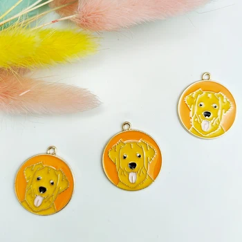 10 Adet / grup Emaye Sevimli Köpek Etiketi Takılar Yuvarlak Karikatür Golden Retriever Hayvan Kolye Bilezik Küpe Takı Yapımı Aksesuar
