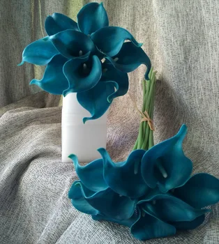 10 Kaynaklanıyor Teal gelinçiceği Buket Çiçekler Gerçek Dokunmatik Teal Mavi gelinçiceği Lateks Düğün Çiçekleri Centerpieces Düzenleme Dekor