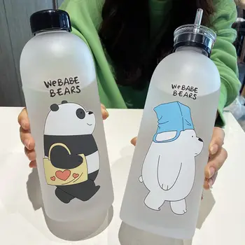 1000ML Büyük Kapasiteli Su Şişeleri Sevimli Ayı Desen Plastik Su Şişesi Şeffaf Buzlu sızdırmaz Drinkware Su Bardağı