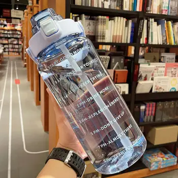 2 Litre Su Şişesi Saman İle Erkekler Ve Kadınlar Taşınabilir Seyahat Spor Su Şişesi Zaman Damgası İle Plastik içme suyu şişesi