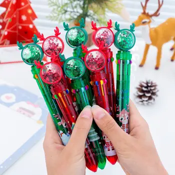 20 Adet / grup Kawaii Noel Elk Geri Çekilebilir Tükenmez Kalem Sevimli 10 Renk Pullu Santa Çok Renkli Kalem Hediye Okul Ofis Kırtasiye