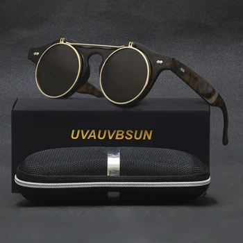 2022 Vintage Yuvarlak Steampunk Flip Up Güneş Gözlüğü Klasik Çift Katmanlı Kapaklı Tasarım Moda güneş gözlüğü Oculos De Sol