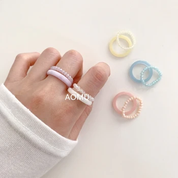 AOMU Kore Yeni Moda Şeker Renkler Akrilik kristal boncuklar Reçine Yaz Yüzükler Kadınlar için Parti Takı Hediyeler Vintage Parmak Yüzük