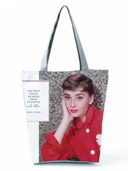 Audrey Hepburn Tırnaklar Klas Baskılı Çanta Yüksek Kapasiteli Kadın omuzdan askili çanta Eko Kullanımlık Katlanabilir alışveriş çantası Özel Desen