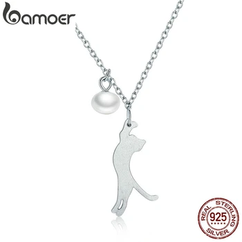 Bamoer 100 %925 Ayar Gümüş Sevimli Kedi Kolye Kolye Kabuk İnci Zincir Kadınlar için doğum günü hediyesi moda takı SCN175