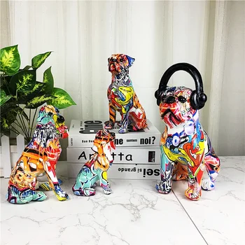 Basit ve Yaratıcı Renkli Bulldog Chihuahua Köpek Heykeli Yavru Bebek Oturma Odası Ofis Dekorasyon Ev Dekorasyon Reçine El Sanatları
