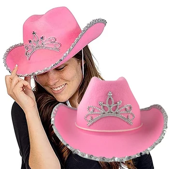 Batı Tarzı Taç Cowgirl Şapka Kadınlar için Kız Geniş Ağız Kovboy Şapkası Pembe fötr şapkalar Tatil Kostüm Partisi Şapka Oyun Giyinmek