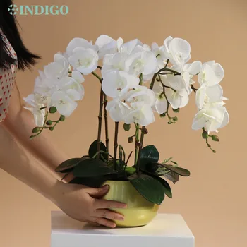 Beyaz Güve Orkide DIY Çiçek Aranjmanı (5 ADET Orkide + 4 ADET Yosun + 3 ADET Yapraklar + Pot) kelebek çiçek dekorasyonu Centerpiece INDİGO