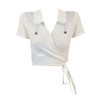 Beyaz Kısa Kollu T Gömlek Yaz kadın Kırpma Üst Rahat Harajuku Moda Bağbozumu Üstleri V Yaka Şık Düz Renk Tüm maç Tee