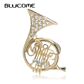 Blucome Trompet Şekilli Broş Kadınlar Kristal Altın renk Kostüm Müzik Broş Müzisyen Gömlek Başörtüsü Pimleri Korsaj
