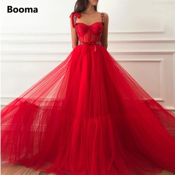Booma Kırmızı Noktalı Tül balo kıyafetleri Sevgiliye Boncuklu Kristal Sapanlar Maxi Abiye giyim Sashes A-Line Düğün Parti Elbiseler