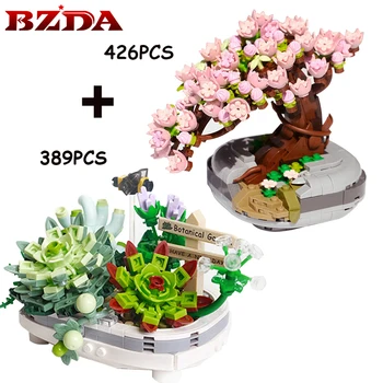 BZDA Ebedi Çiçek Pembe Kiraz Çiçeği Bitki Modeli Yapı Taşı Mini Etli Saksı Çiçek Monte Tuğla Çocuk Oyuncakları Hediyeler