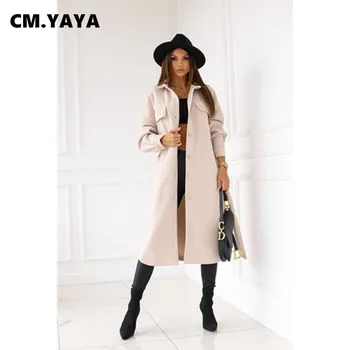 CM.YAYA Kadın Yün Karışımları Katı Tek Göğüslü Düz Uzun Palto Ofis Bayan Gündelik Giyim Kadın Moda Yün Karışımları Kış