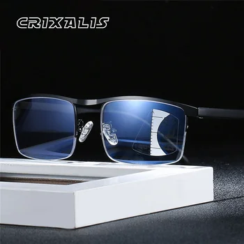 CRIXALIS Multifokal İlerici okuma gözlüğü Erkekler İçin mavi ışık gözlük Erkek Retro Metal Reçete Çerçeve Gözlük UV400