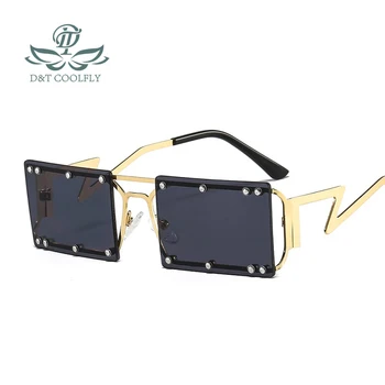 D & T Yeni Dikdörtgen Güneş Gözlüğü Kadın Erkek Perçin Dekorasyon Kare Metal Çerçeve PC Renkli Lens Lüks Marka Tasarımcısı Trend UV400
