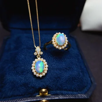Doğal Opal 925 Ayar Gümüş Taş takı seti Kolye Yüzük kadın Takı Düğün Lüks Takı Ücretsiz Kargo