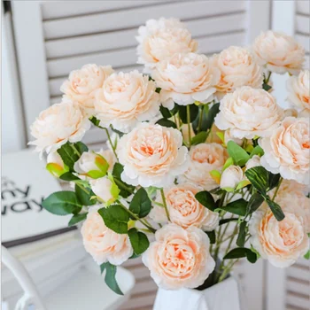 Fabrika Toptan Avrupa Tarzı 3 Şakayık Yapay Çiçekler Ev Düğün Dekoratif Sahte Bitki Vazo Dekorasyon Aksesuarları için