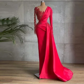 Göz alıcı Kırmızı Saten Dubai Abiye Uzun Kollu Sheer Boyun Boncuk 2022 Balo Abiye Ünlü Resmi Elbise فساتين السهرة