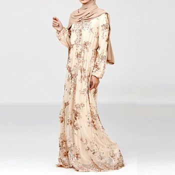 Güneydoğu Asya Orta Doğu Dubai Abiye İşlemeli Sequins Şifon Elbise Tam kollu Vestidos V Yaka Parti Elbiseler