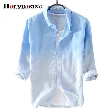 Holyrising Yeni yaz erkek %100 % keten gömlek Yedi çeyrek kollu gömlek erkek degrade mavi erkek rahat gömlek 18815-5