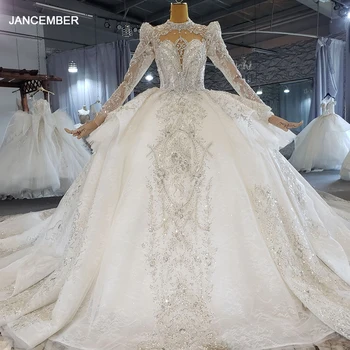 HTL2223 prenses düğün elbisesi dubai lüks dantel uzun kollu düğün elbisesi artı boyutu uzun tren vestido de novia con mangas