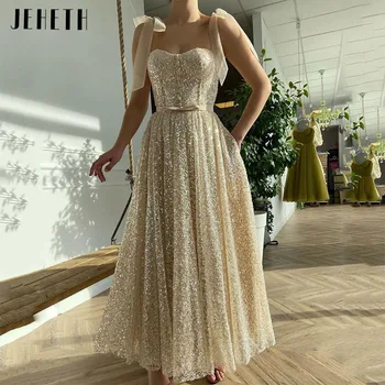 JEHETH Şampanya Şeffaf Yay Askıları Payetli Sevgiliye balo kıyafetleri Glitter Akşam Kutlamak Elbise Cepler ile Ayak Bileği Uzunluğu 2022