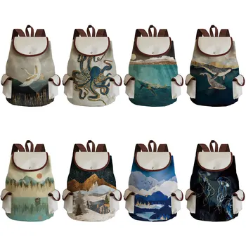 Kadın Keten Sırt Çantası Baskı Çanta Tasarım Rahat Seyahat Çantaları Vinç Tasarımcı Taşınabilir Ukiyoe Eko Kullanımlık Japon Saklama Torbaları