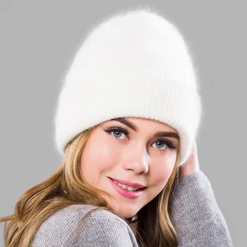 Kadın Kış Tavşan Kürk Şapka Kasketleri Sıcak Uzun Kürk Skullies Beanies Kadın Kapaklar Geniş Manşet Genç Tarzı Şapka Kadınlar için