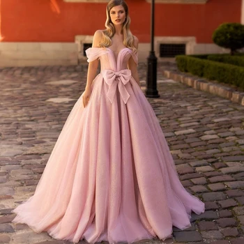 Kapalı Omuz Organze Elbise A-line Abiye Kadınlar İçin Özel Yapılmış Pembe Balo Elbise Yay Katmanlı Prenses Elbise Fermuar