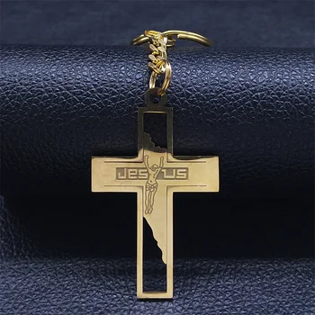 Katolik İsa Çapraz Anahtarlıklar Paslanmaz Çelik Altın Renk Dini Mesih Anahtarlık Çanta Takı chaveiros K4292S02
