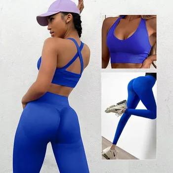 Klein Mavi 2 Adet Dikişsiz Yoga Seti Kadın Spor Sutyeni fitness pantolonları Spor Giyim Egzersiz Üstleri Yüksek Bel Tayt Atletik Giyim