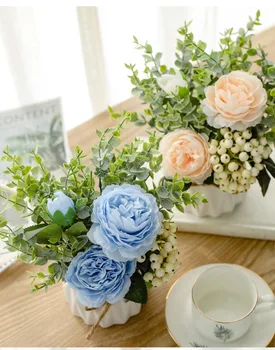 Kuzey Avrupa Tarzı Set Seramik Kenevir Halat Gül Vazo Saksı Bitki Ev Ofis Düğün Parti Dekorasyon Taklit Çiçekler