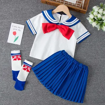 Kızlar JK yaz giysileri Japon Tarzı Öğrenci Okul Üniformaları Donanma Denizci Kostüm Bluz Pilili Etek Takım Elbise 3 adet 3-16 yıl