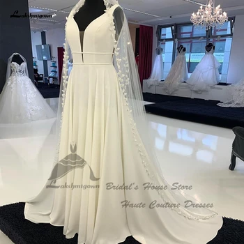 Lakshmigown Basit Krep Saten Bir Çizgi düğün elbisesi Cepler İle 2023 Vestidos Backless Gelin Makbuz Parti Törenlerinde Derin V Boyun