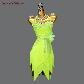 Latin Dans Yarışması Kostümleri Dans Püsküller Gösterisi Elbiseler Profesyonel High-end Özel Çiçek Elbise Rumba Chacha Dans Giyim