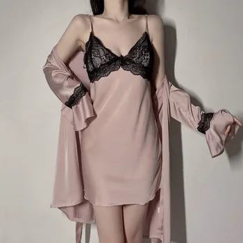 Lisacmvpnel kadın Askı Gecelik Uzun Kollu İki parçalı Seksi Elbise Seti Backless Buz İpek Bornoz Takım Elbise