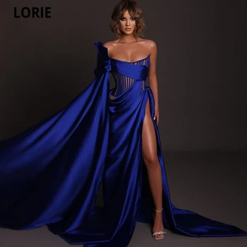 LORIE Mavi Basit Saten Kapalı Omuz balo kıyafetleri 2021 Uzun Abiye giyim Parti Elbise Yan Yarık Örgün Önlük Custom Made