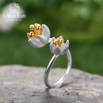 Lotus Eğlenceli Gerçek 925 Ayar Gümüş Doğal El Yapımı Tasarımcı Güzel Takı Ayarlanabilir Taze Çiçek Açan Çiçek Yüzük Kadınlar için