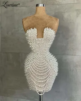 Lowime İnciler Kısa Parti Elbise Kokteyl Elbiseleri Kadınlar İçin Abiye giyim 2022 Straplez Ünlü balo kıyafetleri Custom Made