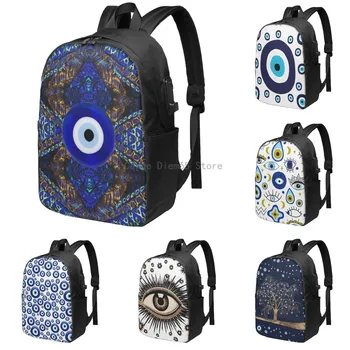 Mavi Yunan nazar sırt çantası ile USB bağlantı noktası iş seyahat sırt çantaları 17 inç