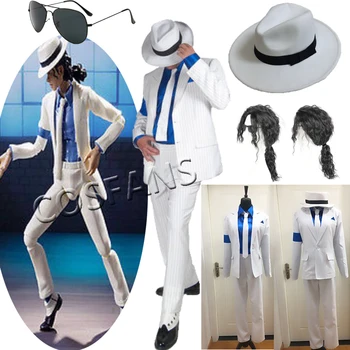 Michael Cosplay Jackson Pürüzsüz Ceza Takım Elbise Michael Jackson Cosplay Kostüm üst + pantolon + gömlek + kravat + şapka + kayış Cadılar Bayramı Peruk gözlük