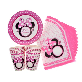 Minnie Mouse Tek Kullanımlık Pembe Sofra Seti Kızlar parti fincanı Tabak Kağıt havlu Saman bebek duş Balon Doğum Günü pastası dekorasyon