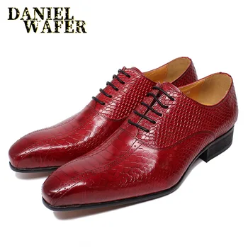 Moda El Yapımı erkek Hakiki deri Ayakkabı Resmi Ofis Düğün Siyah Kırmızı Lace Up Sivri Burun Yılan Baskılar Oxford Ayakkabı erkekler