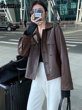 Nerazzurri Bahar Büyük Boy Kısa Yumuşak Kahverengi Deri Ceket Kadınlar Uzun Kollu Kore moda Giyim Bayan 2021 Streetwear