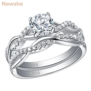Newshe 2 Adet 925 Ayar Gümüş Büküm Çapraz Tasarım Düğün Nişan Yüzüğü Setleri Kadınlar Için AAAAA Zirkon Takı QR7628