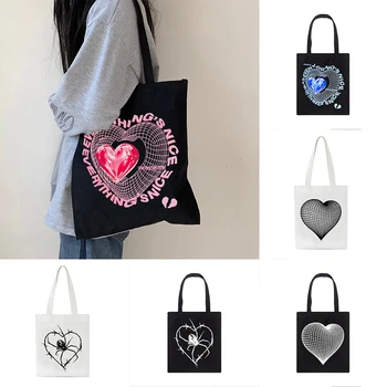 Omuz çantaları Japon Kalp Baskı Alışveriş Çantası Tuval Harajuku Mektup Eko Çanta Punk Kullanımlık Plaj Depolama Kadınlar Yeni Varış