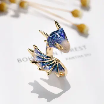 Orijinal tasarım yıldızlı gökyüzü küçük mavi ejderha açılış yüzük renkli taze ve benzersiz işçilik charm kadın gümüş takı