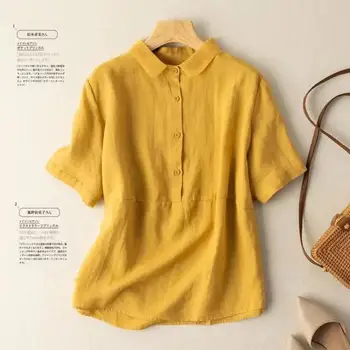 Rahat Katı Kısa Kollu Pamuk Keten Gevşek Bluz Vintage Harajuku Büyük Boy Gömlek Zarif Tunik Yaz Üstleri Kadın 2022 yeni
